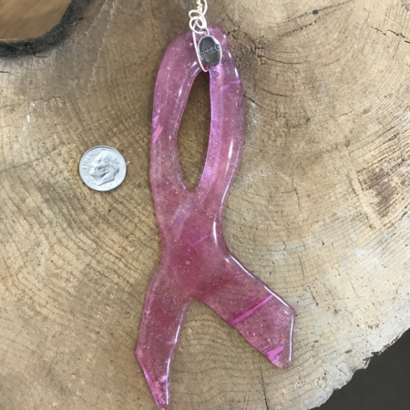 Pink Ribbon Fused Glass Ornament - Large - Image 2