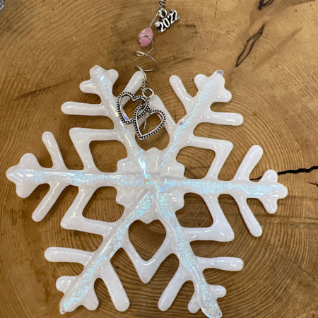 4.5” Wedding White Snowflakes with double heart charm - Fused Glass Ornament