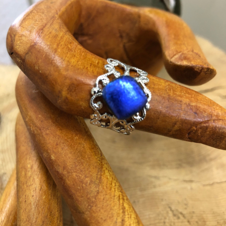 Silver Plated Adjustable Filigree Ring with a Dichroic Accent