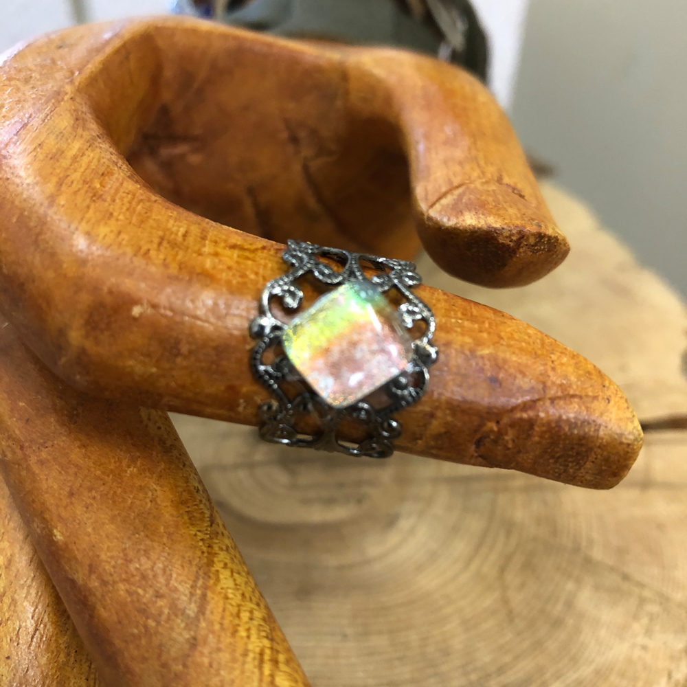 Gunmetal Plated Adjustable Filigree Ring with a Dichroic Accent