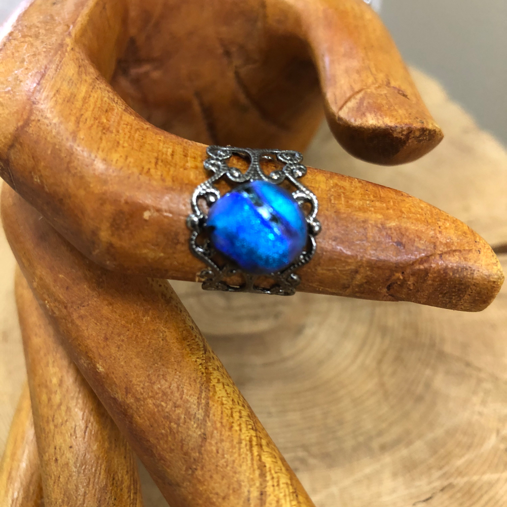 Gunmetal Plated Adjustable Filigree Ring with a Dichroic Accent