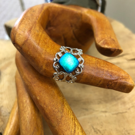 Silver Plated Adjustable Filigree Ring with a Dichroic Accent