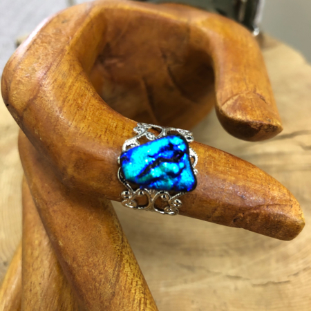 Silver Plated Adjustable Filigree Ring with a Dichroic Accent