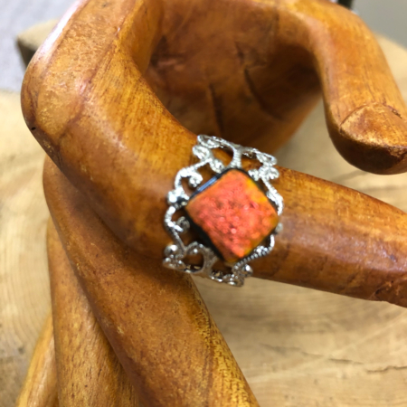 Silver Plated Adjustable Filigree Ring with a Dichroic Accent