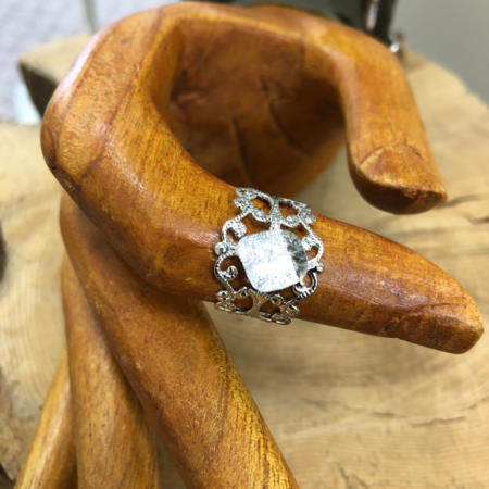 Silver Plated Adjustable Filigree Ring with a Dichroic Accent