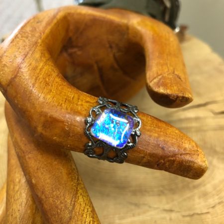 Gunmetal Plated Adjustable Filigree Ring with a Dichroic Accent
