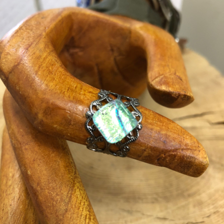 Gunmetal Plated Adjustable Filigree Ring with a Dichroic Accent