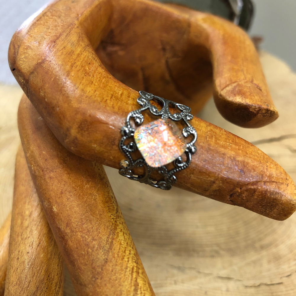 Gunmetal Plated Adjustable Filigree Ring with a Dichroic Accent