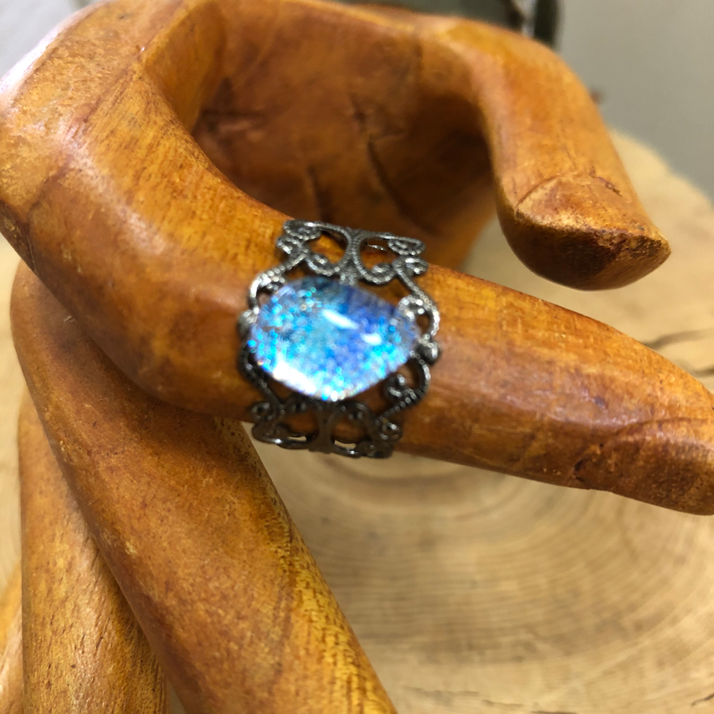 Gunmetal Plated Adjustable Filigree Ring with a Dichroic Accent