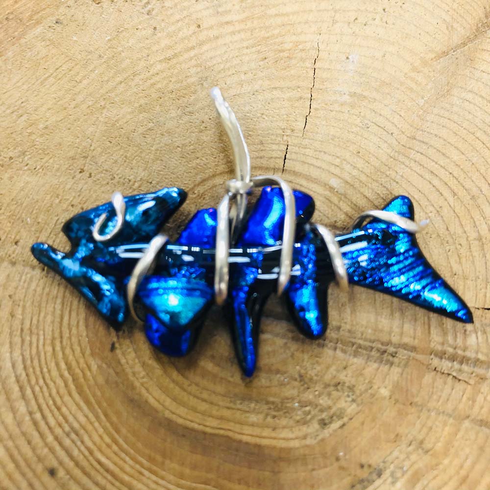 Deep Blue sterling silver wrapped boney fish pendant w/ 18” sterling silver chain