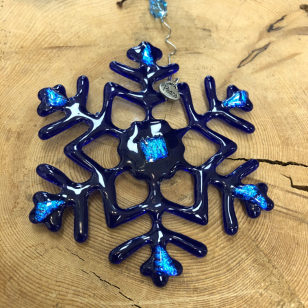 4.5” Sapphire Snowflake with Charm - Fused Glass Ornament